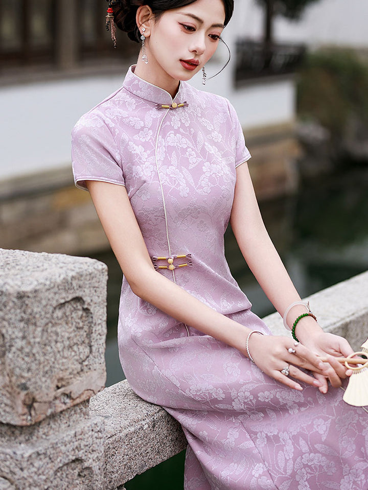 Clearance Pink Jacquard Floral A-Line Cheongsam Qipao Dress