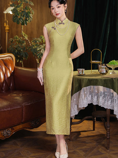 2025 Green Jacquard Midi Cheongsam Qipao Dress
