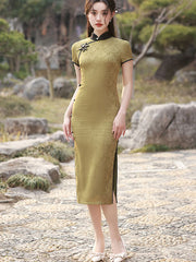 2024 Green Jacquard Midi Cheongsam Qipao Dress