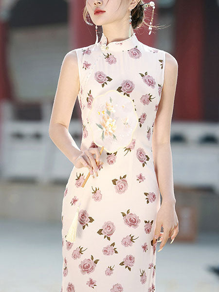 White Beige Rose Silk Linen Cheongsam Qipao Dress - IMALLURE L / Beige White Beige Rose Silk Linen Cheongsam Qipao Dress - IMALLURE L / Beige