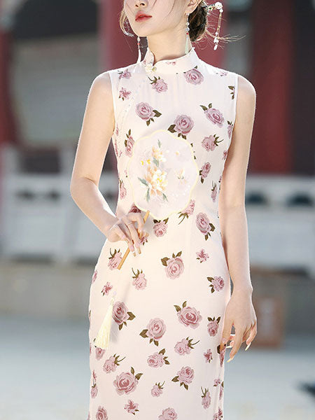 White Beige Rose Silk Linen Cheongsam Qipao Dress