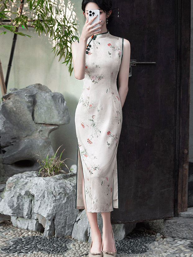 Vintage Floral Print Midi Cheongsam Qipao Dress