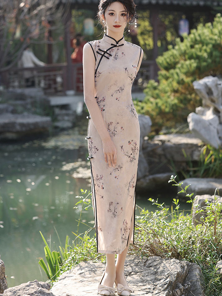 Vintage Floral Print Midi Cheongsam Qipao Dress