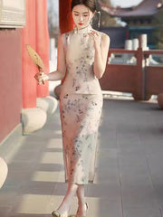 Vintage Floral Print Silk Linen Cheongsam Qipao Dress