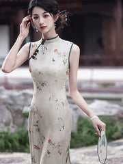 Vintage Floral Print Midi Cheongsam Qipao Dress