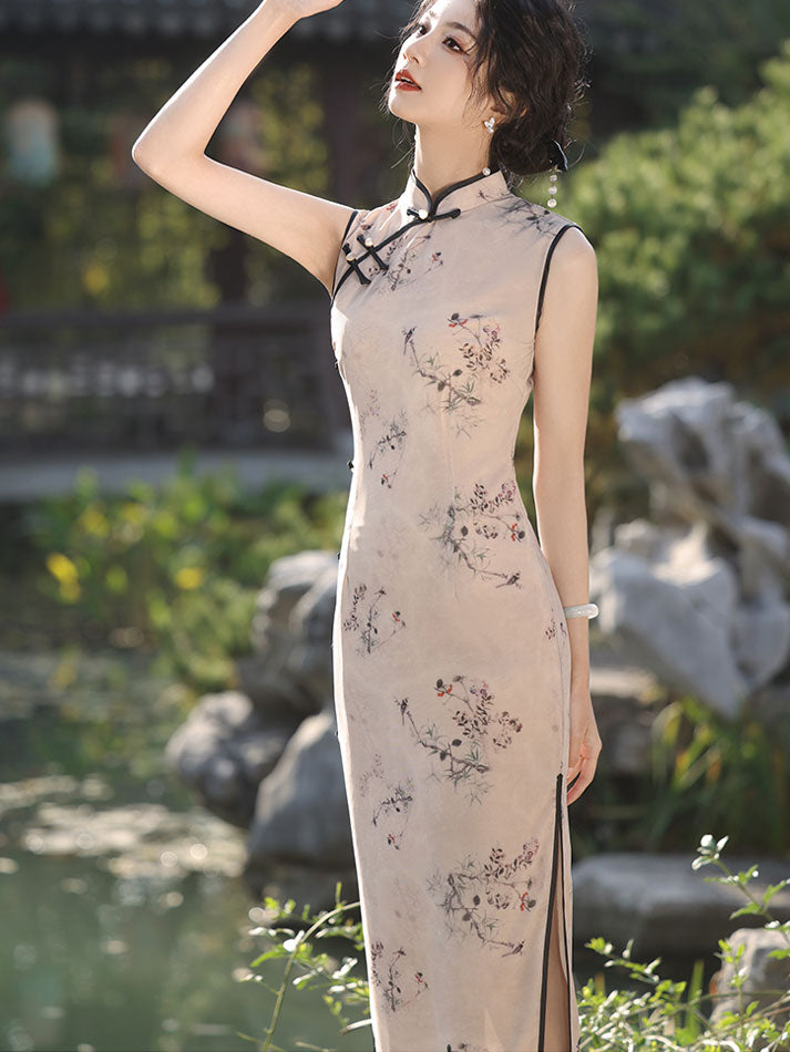 Vintage Floral Print Midi Cheongsam Qipao Dress