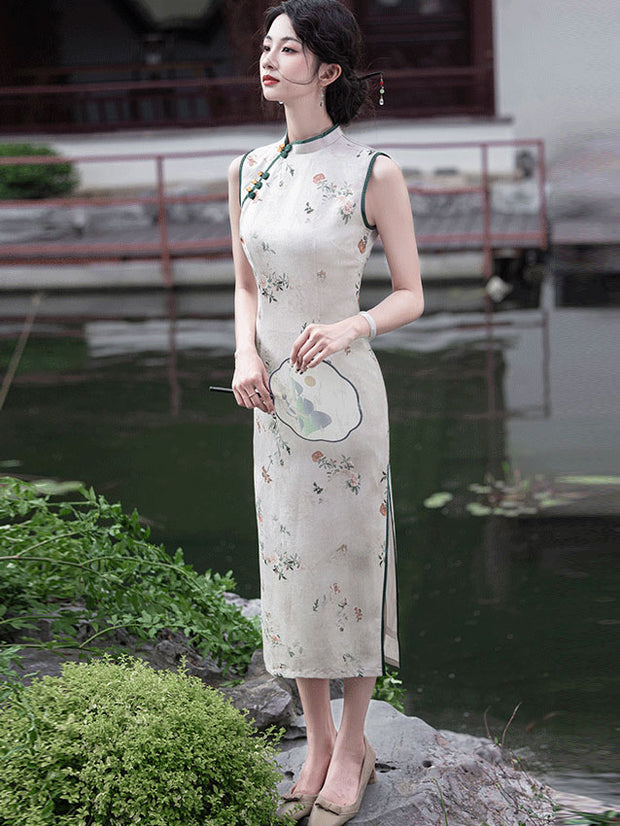 Vintage Floral Print Midi Cheongsam Qipao Dress