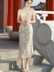 Vintage Floral Print Silk Linen Cheongsam Qipao Dress