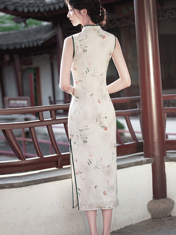 Vintage Floral Print Midi Cheongsam Qipao Dress