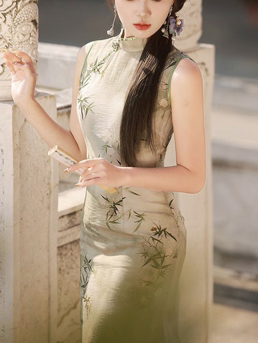 Green Bamboo Print Silk Linen Cheongsam Qipao Dress