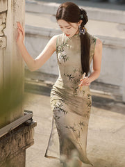 Green Bamboo Print Silk Linen Cheongsam Qipao Dress