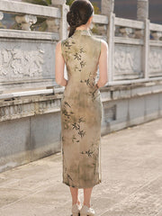 Green Bamboo Print Silk Linen Cheongsam Qipao Dress