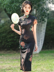 Black Lotus Print Midi Cheongsam Qipao Dress