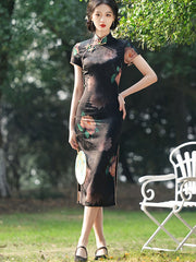 Black Lotus Print Midi Cheongsam Qipao Dress