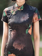 Black Lotus Print Midi Cheongsam Qipao Dress