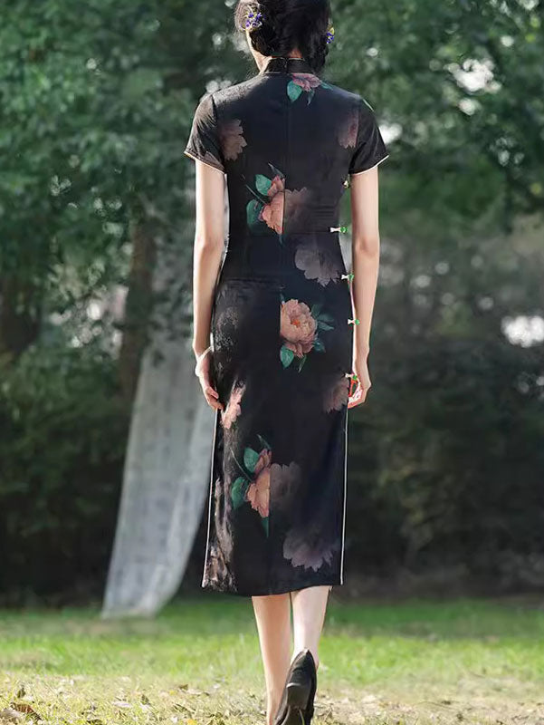 Black Lotus Print Midi Cheongsam Qipao Dress