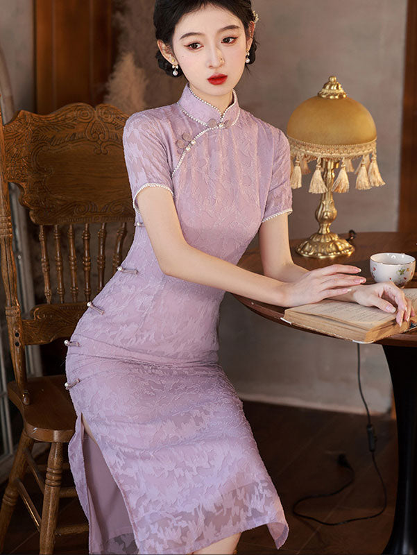 Blue Purple Floral Beads Cheongsam Qipao Dress
