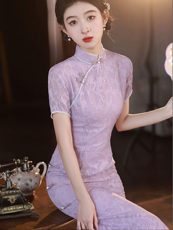Blue Purple Floral Beads Cheongsam Qipao Dress