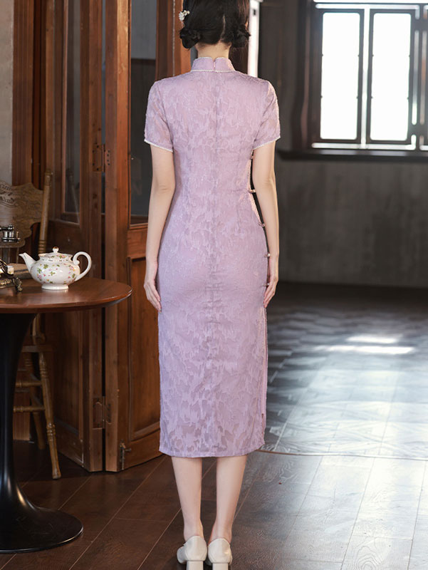 Blue Purple Floral Beads Cheongsam Qipao Dress