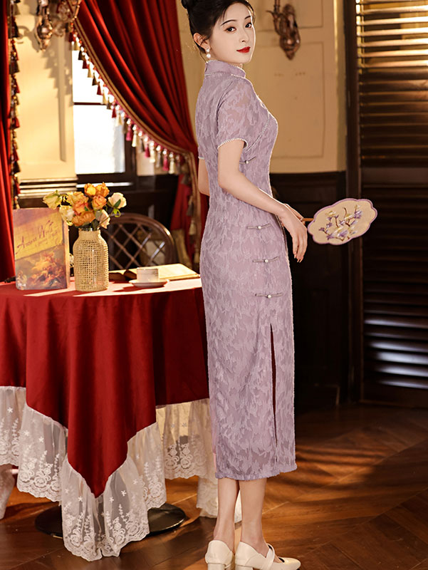 Blue Purple Floral Beads Cheongsam Qipao Dress