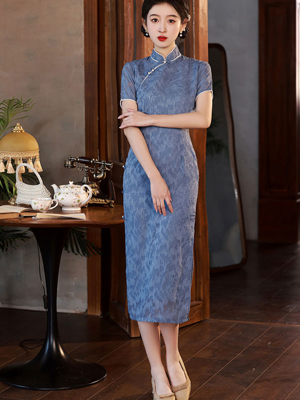 Blue Purple Floral Beads Cheongsam Qipao Dress