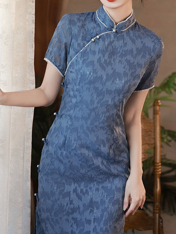 Blue Purple Floral Beads Cheongsam Qipao Dress