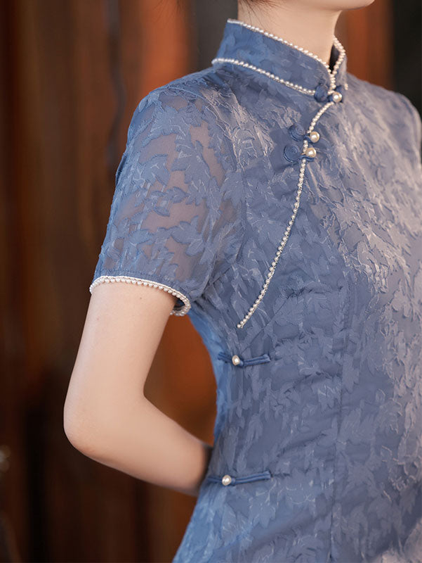 Blue Purple Floral Beads Cheongsam Qipao Dress