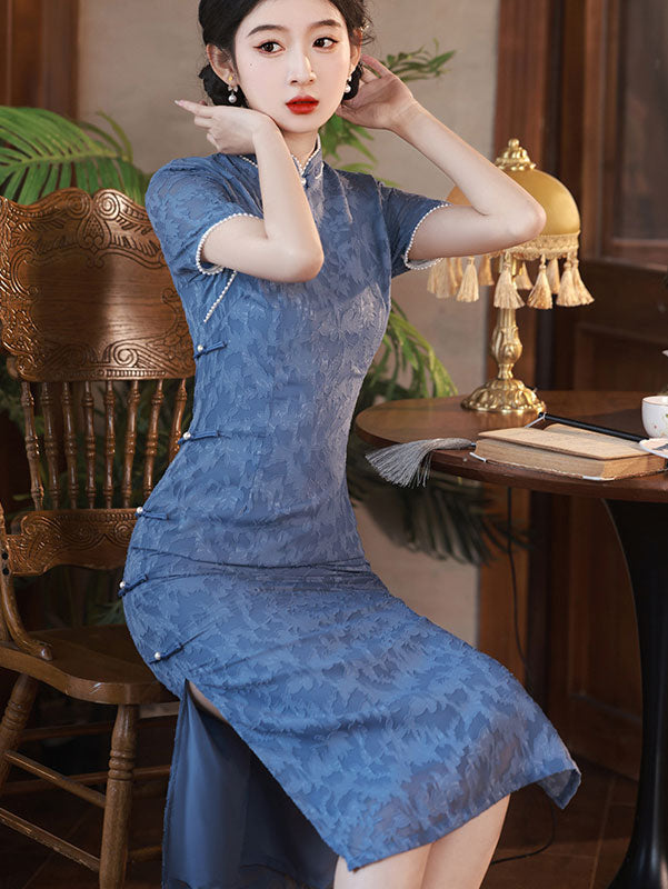 Blue Purple Floral Beads Cheongsam Qipao Dress
