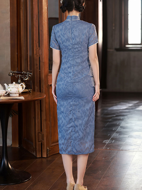 Blue Purple Floral Beads Cheongsam Qipao Dress