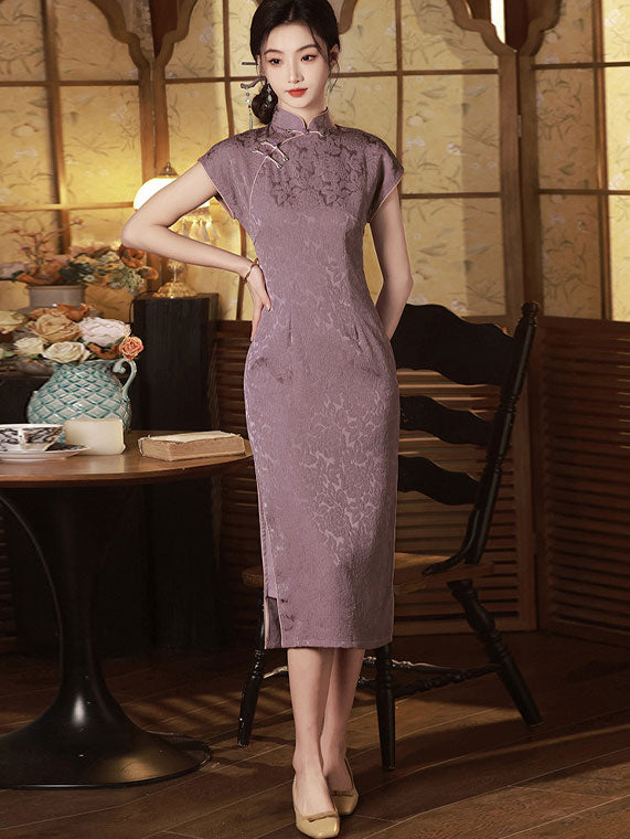 Purple Jacquard Floral Cheongsam Qipao Dress