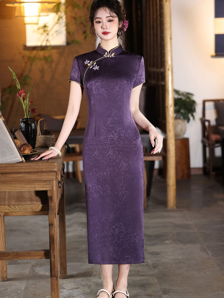 Purple Jacquard Floral Cheongsam Qipao Dress