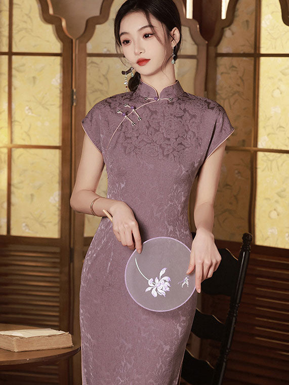 Purple Jacquard Floral Cheongsam Qipao Dress