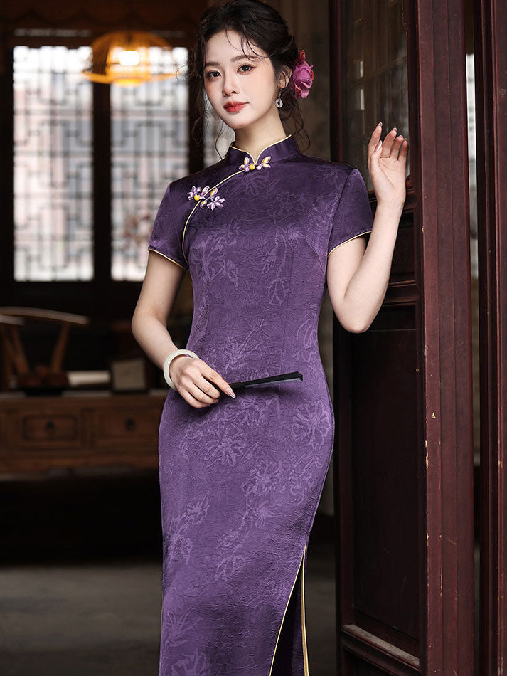 Purple Jacquard Floral Cheongsam Qipao Dress
