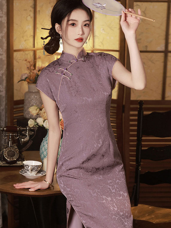 Purple Jacquard Floral Cheongsam Qipao Dress