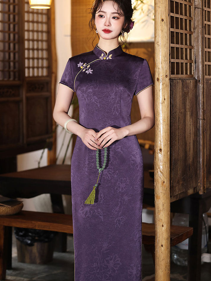 Purple Jacquard Floral Cheongsam Qipao Dress