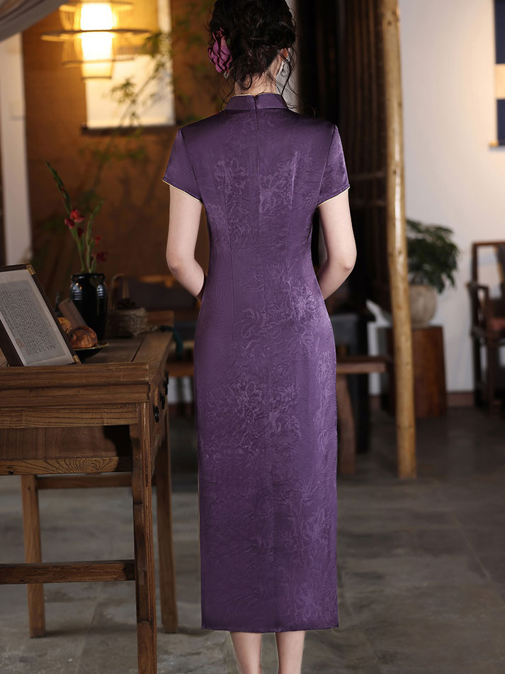 Purple Jacquard Floral Cheongsam Qipao Dress