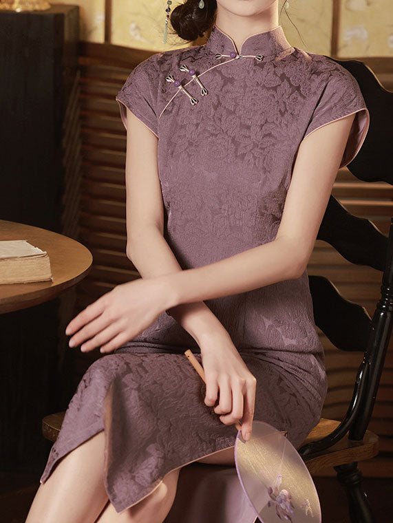 Purple Jacquard Floral Cheongsam Qipao Dress