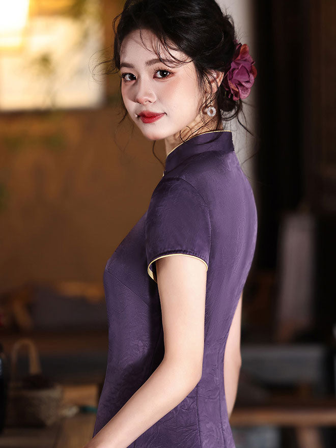 Purple Jacquard Floral Cheongsam Qipao Dress