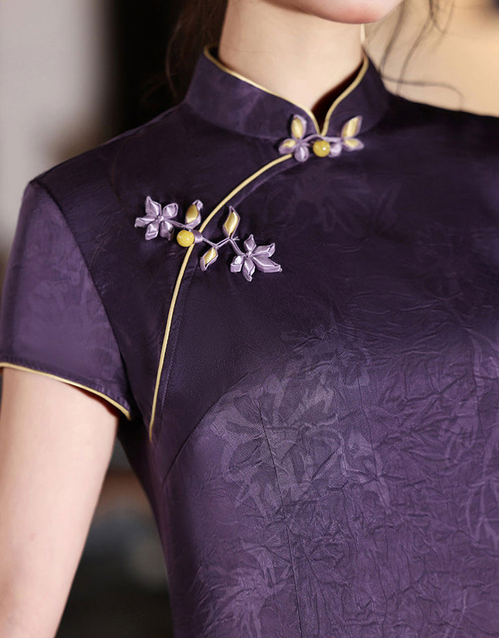 Purple Jacquard Floral Cheongsam Qipao Dress