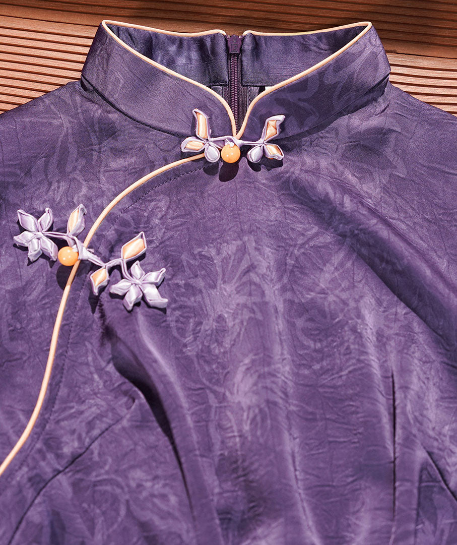 Purple Jacquard Floral Cheongsam Qipao Dress