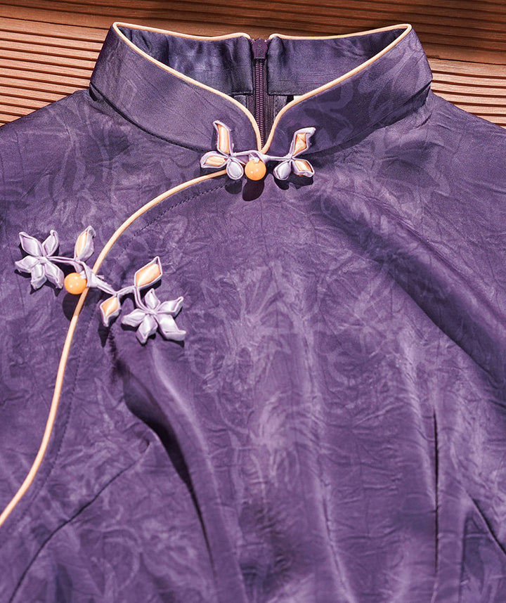 Purple Jacquard Floral Cheongsam Qipao Dress