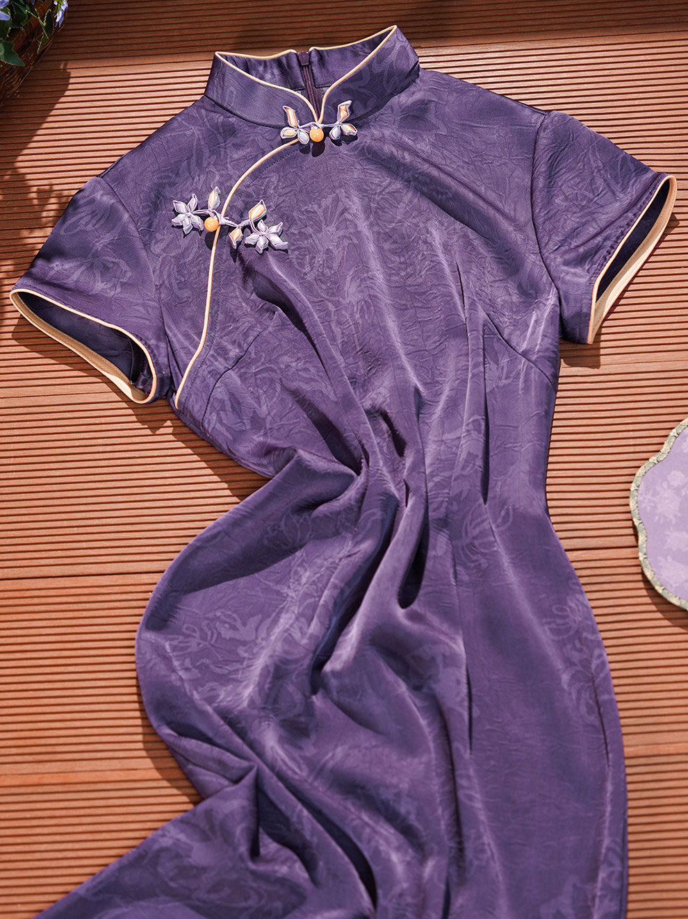Purple Jacquard Floral Cheongsam Qipao Dress