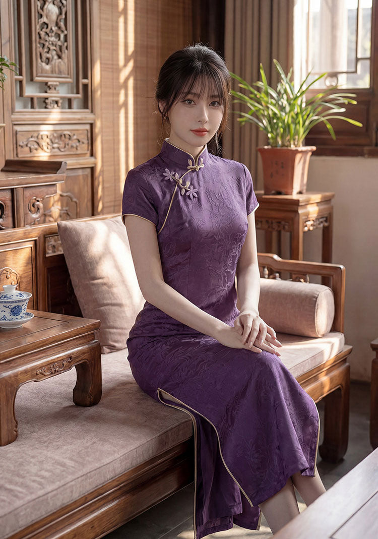 Purple Jacquard Floral Cheongsam Qipao Dress