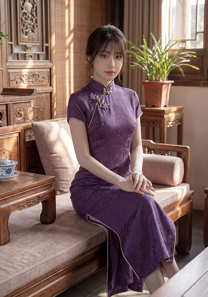 Purple Jacquard Floral Cheongsam Qipao Dress