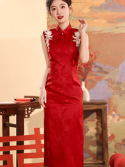 Red Jacquard Midi Wedding Cheongsam Qipao Dress