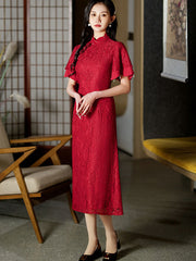 Red Lace Flutter Sleeve Wedding Cheongsam Qipao Dress