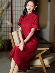 Red Lace Flutter Sleeve Wedding Cheongsam Qipao Dress