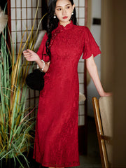 Red Lace Flutter Sleeve Wedding Cheongsam Qipao Dress