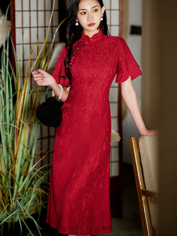 Red Lace Flutter Sleeve Wedding Cheongsam Qipao Dress