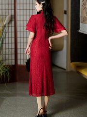 Red Lace Flutter Sleeve Wedding Cheongsam Qipao Dress